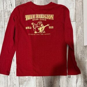 True Religion Red T Shirt Buddha Logo Gold Foil Graphic Long Sleeve Sz 16 Child